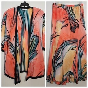 Yolanda Lorente 100% Silk Hand Painted Multicolored Two Piece Kimono/Skirt Sz M